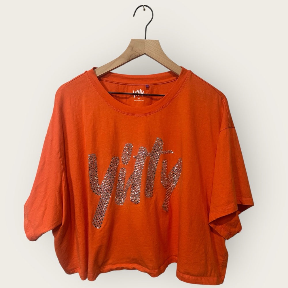 YITTY Vibrant Orange 4X Bejeweled Bling Short Sleeve Crop Top Shirt
